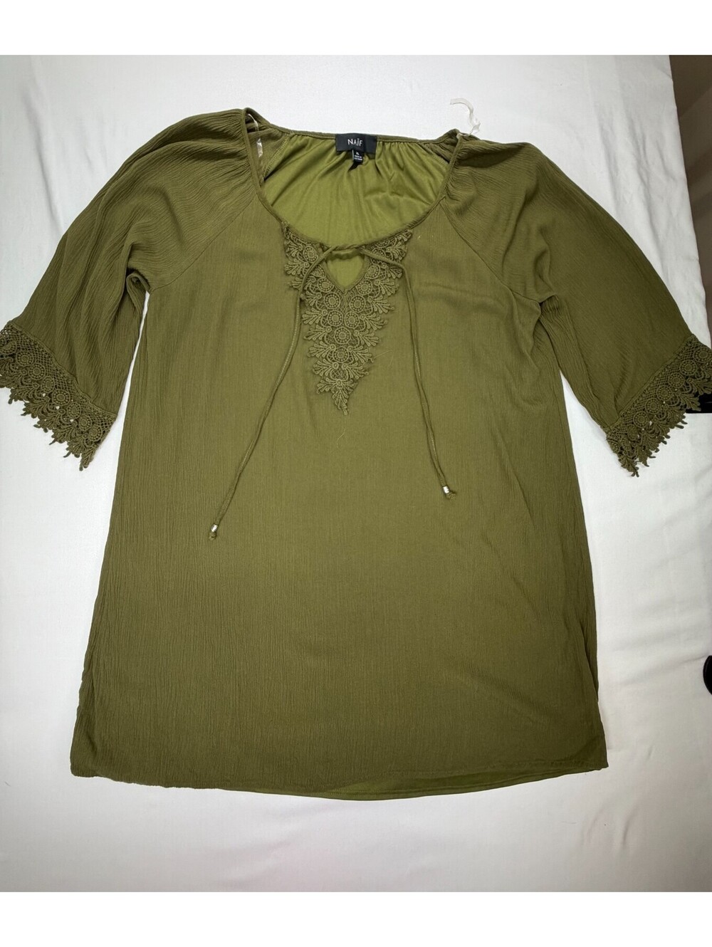 Naif Women's Blouse 3/4 Sleeve Lace Split Neck Solid Rayon Size XL Green
